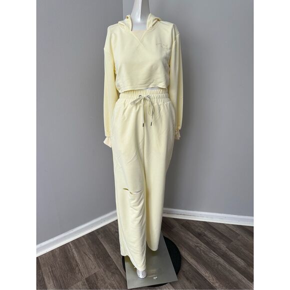 NWT For Love & Lemons Cropped Hoodie & Sweatpant 2Pc Tracksuit Set Yellow XXS - Picture 5 of 14